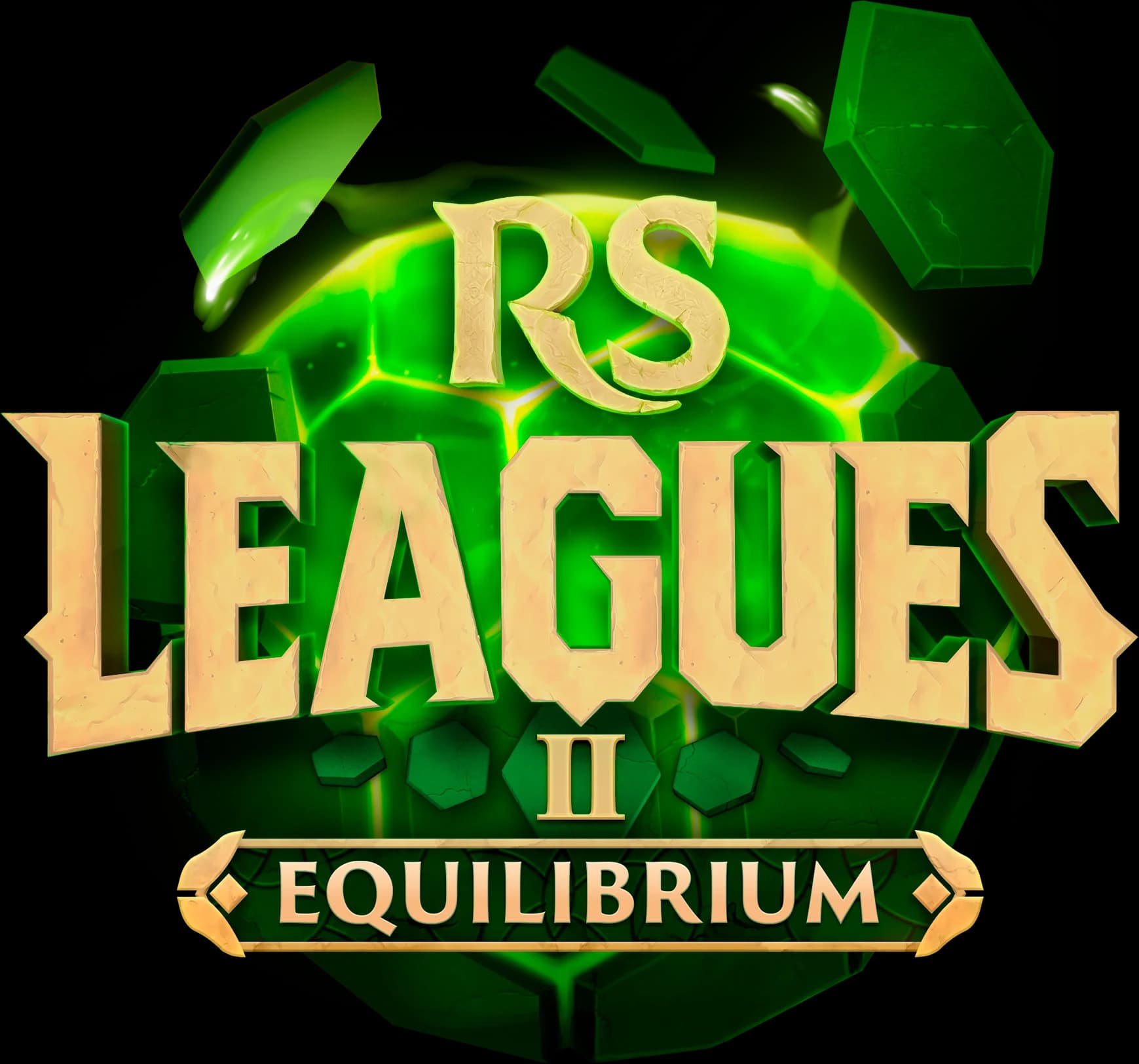 A truncated icosahedron with hexagons flying off behind the logo for RuneScape Leagues Catalyst